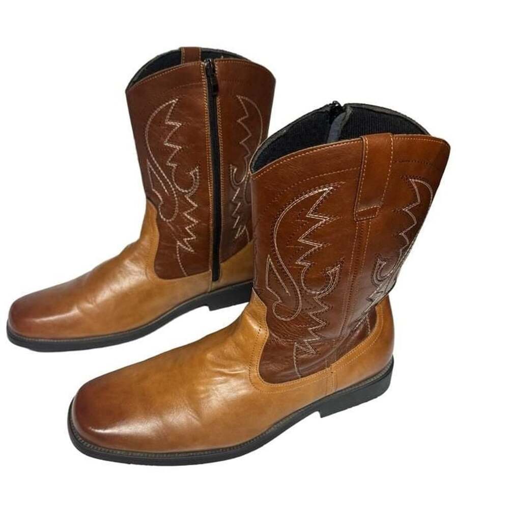 Men's Western Cowboy Boots Two-Tone Brown Broad Square Toe with Side Zipper